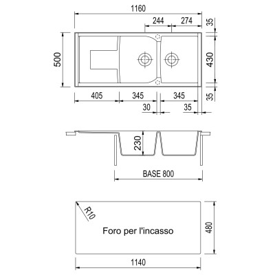Évier 2 bacs + égouttoir, Corax CX1162 UM42 Tunisie